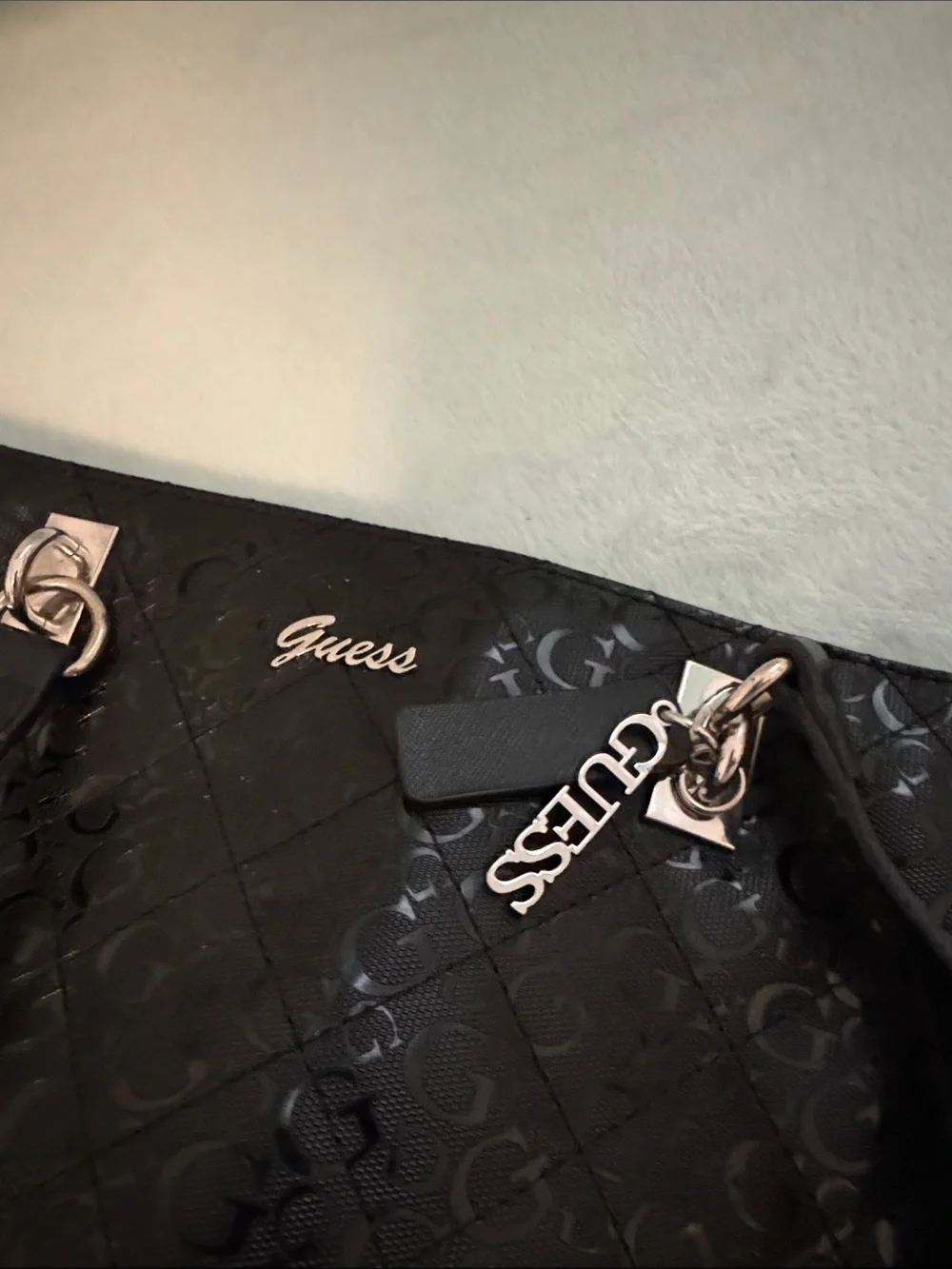 Guess Black Quilted Logo Patent Tote